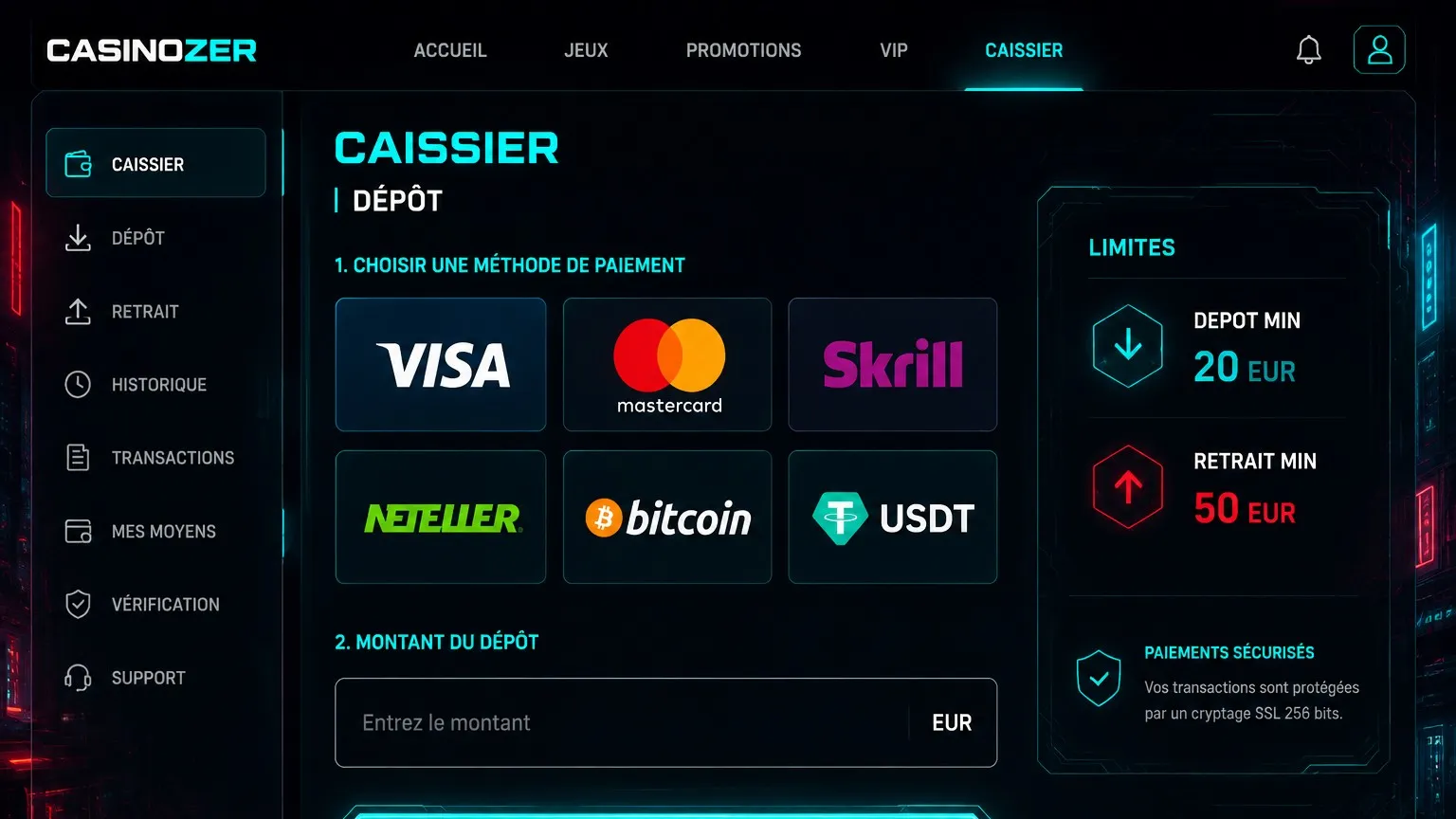 Dépôts, retraits et méthodes de paiement sur casinozer