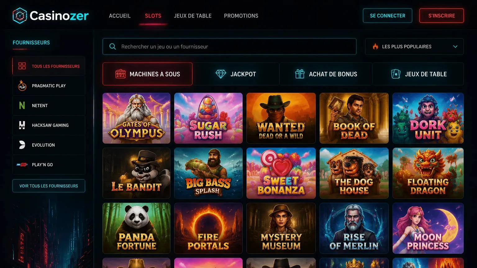Catalogue des fournisseurs de jeux premium sur casinozer